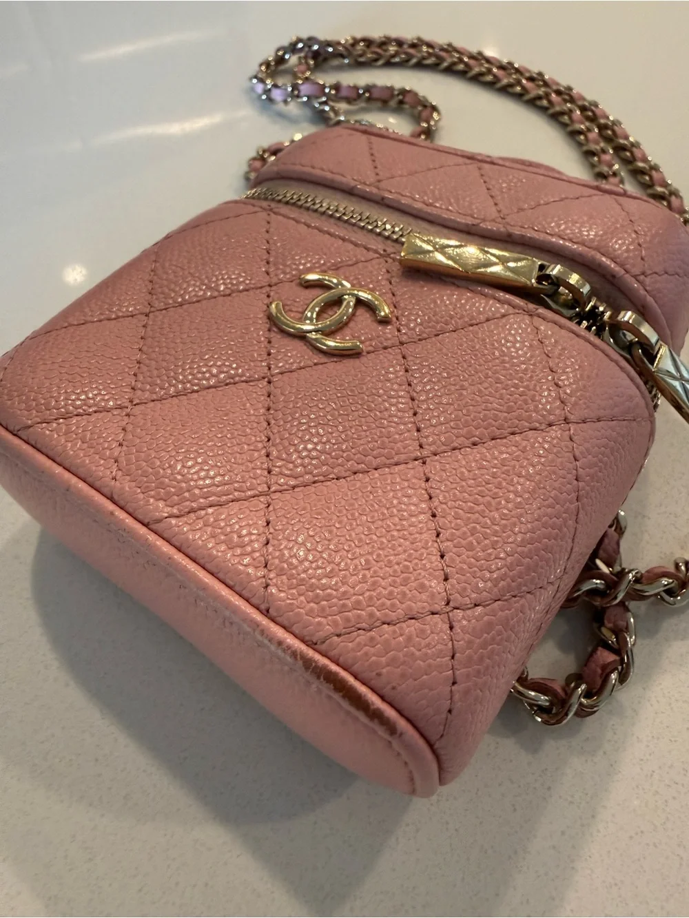 CHANEL Pink Quilted Mini Vanity Crossbody with Chain